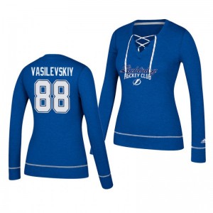 Andrei Vasilevskiy Tampa Bay Lightning 2019 Skate Through Women's Blue Lace-Up V-Neck T-Shirt - Sale
