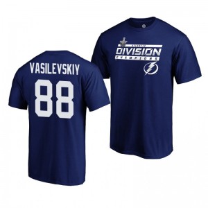Lightning #88 Andrei Vasilevskiy 2019 Atlantic Division Champions Clipping Name and Number Blue T-Shirt - Sale