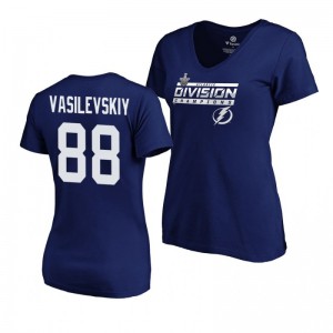 Women's Lightning #88 Andrei Vasilevskiy 2019 Atlantic Division Champions Clipping V-Neck Blue T-Shirt - Sale