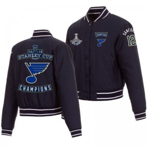 2019 Stanley Cup Champions Blues Zach Sanford Navy Poly-Twill Quilted Knit Women's Jacket - Sale