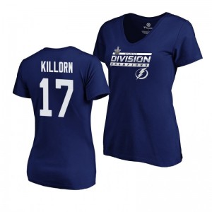 Women's Lightning #17 Alex Killorn 2019 Atlantic Division Champions Clipping V-Neck Blue T-Shirt - Sale