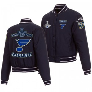 2019 Stanley Cup Champions Blues Ryan O'Reilly Navy Poly-Twill Quilted Knit Women's Jacket - Sale