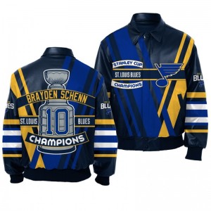 2019 Stanley Cup Champions Blues Brayden Schenn Navy All Leather Men's Jacket - Sale