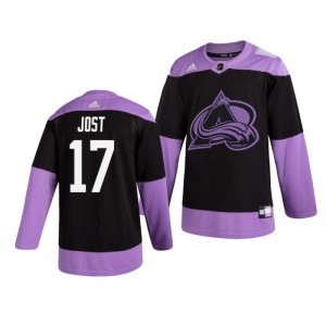 Tyson Jost Avalanche Black Hockey Fights Cancer Practice Jersey - Sale