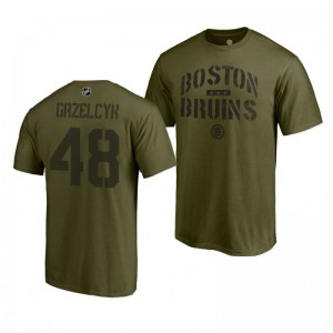 Camo Collection Boston Bruins Matt Grzelcyk Khaki Jungle Men's T-Shirt - Sale
