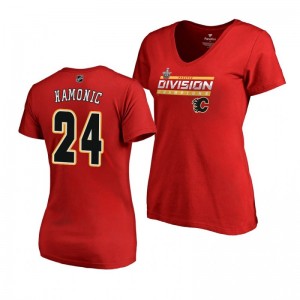Women's Flames #24 Travis Hamonic 2019 Pacific Division Champions Clipping V-Neck Red T-Shirt - Sale