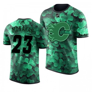 Flames Sean Monahan St. Patrick's Day Green Lucky Shamrock Adidas T-shirt - Sale