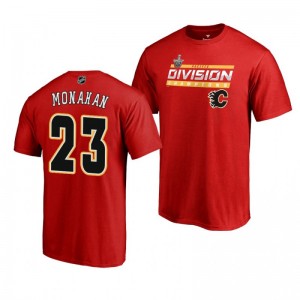 Men's Flames #23 Sean Monahan 2019 Pacific Division Champions Clipping Red T-Shirt - Sale
