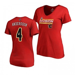 Women's Flames #4 Rasmus Andersson 2019 Pacific Division Champions Clipping V-Neck Red T-Shirt - Sale