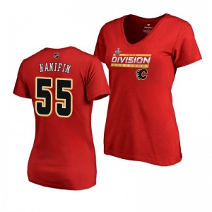 Women's Flames #55 Noah Hanifin 2019 Pacific Division Champions Clipping V-Neck Red T-Shirt - Sale