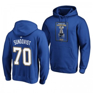 Oskar Sundqvist Blues 2019 Stanley Cup Champions Banner Collection Pullover Royal Hoodie - Sale