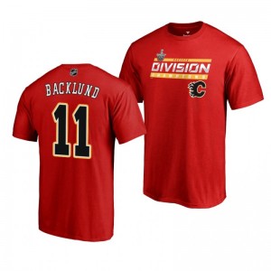 Men's Flames #11 Mikael Backlund 2019 Pacific Division Champions Clipping Red T-Shirt - Sale