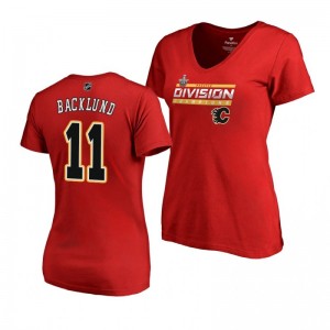 Women's Flames #11 Mikael Backlund 2019 Pacific Division Champions Clipping V-Neck Red T-Shirt - Sale