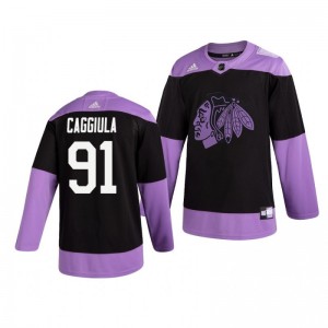 Drake Caggiula Blackhawks Black Hockey Fights Cancer Practice Jersey - Sale