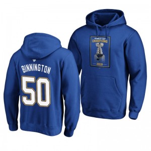 Jordan Binnington Blues 2019 Stanley Cup Champions Banner Collection Pullover Royal Hoodie - Sale