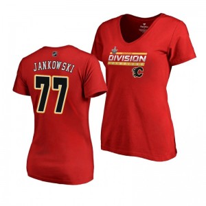 Women's Flames #77 Mark Jankowski 2019 Pacific Division Champions Clipping V-Neck Red T-Shirt - Sale