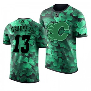 Flames Johnny Gaudreau St. Patrick's Day Green Lucky Shamrock Adidas T-shirt - Sale