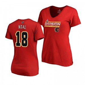 Women's Flames #18 James Neal 2019 Pacific Division Champions Clipping V-Neck Red T-Shirt - Sale