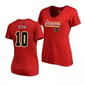Women's Flames #10 Derek Ryan 2019 Pacific Division Champions Clipping V-Neck Red T-Shirt - Sale